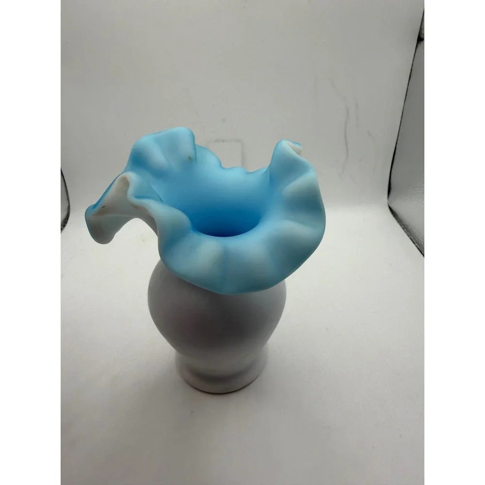 Vintage Blue Ruffled Milk Glass Bud Vase White Satin Cased Glass 4.5 Inch
